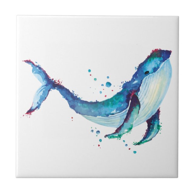 Elegant Watercolor Blue Whale Ceramic Tile (Front)