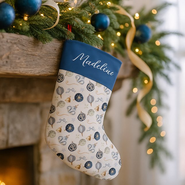 Elegant Watercolor Blue White Bauble Large Christmas Stocking (Creator Uploaded)