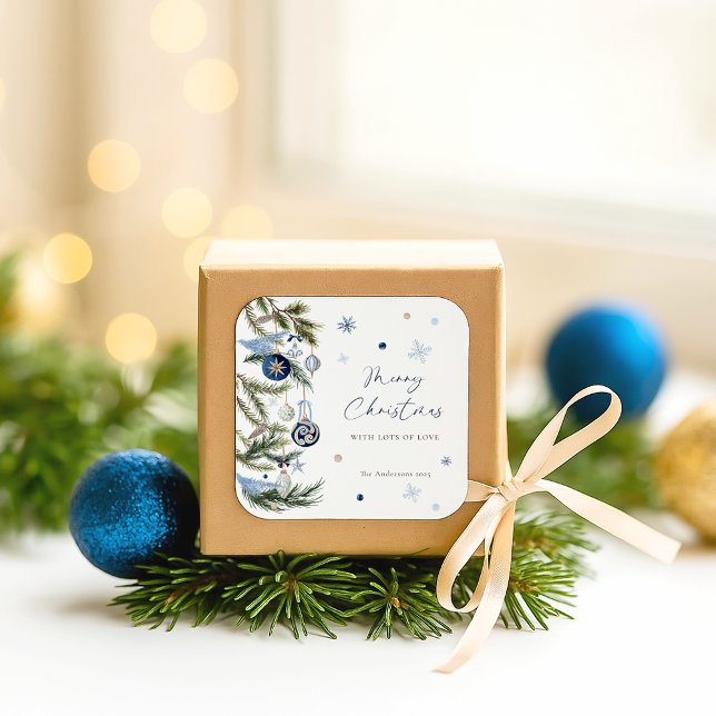 Elegant Watercolor Blue White Christmas Ornament Square Sticker (Creator Uploaded)