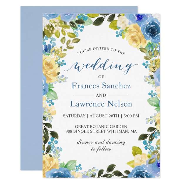 Elegant Watercolor Blue Yellow Rose Garden Wedding Invitation