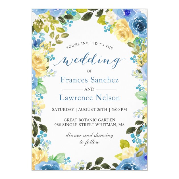 Elegant Watercolor Blue Yellow Rose Garden Wedding Invitation