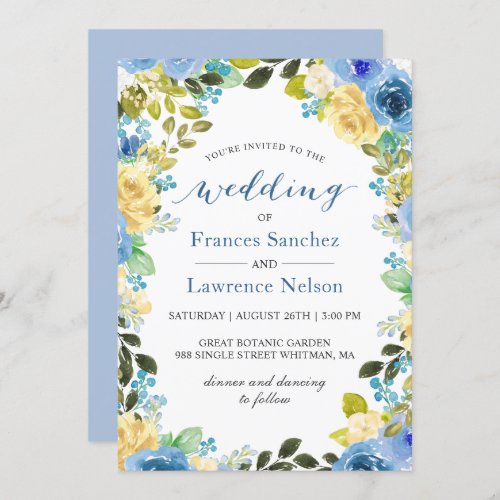 Elegant Watercolor Blue Yellow Rose Garden Wedding Invitation