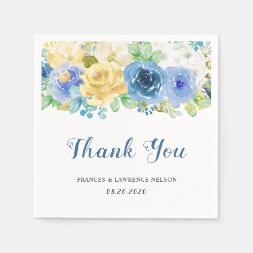 Elegant Watercolor Blue Yellow Rose Garden Wedding Napkins