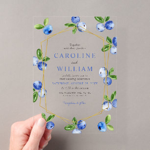 Elegant Watercolor Blueberries Wedding Acrylic Invitations