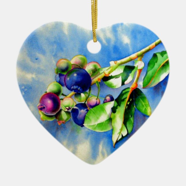 Elegant watercolor blueberry painting ceramic ornament (Front)