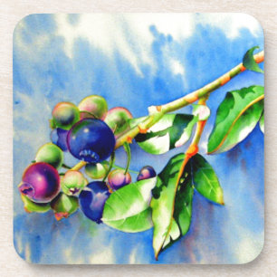 Elegant watercolor blueberry painting drink coaster