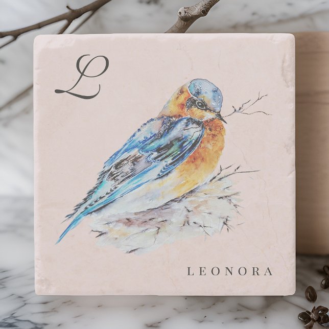 Elegant Watercolor Bluebird Personalize Stone Coaster (Creator Uploaded)