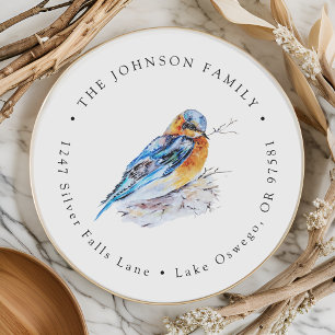 Elegant Watercolor Bluebird Return Address Classic Round Sticker