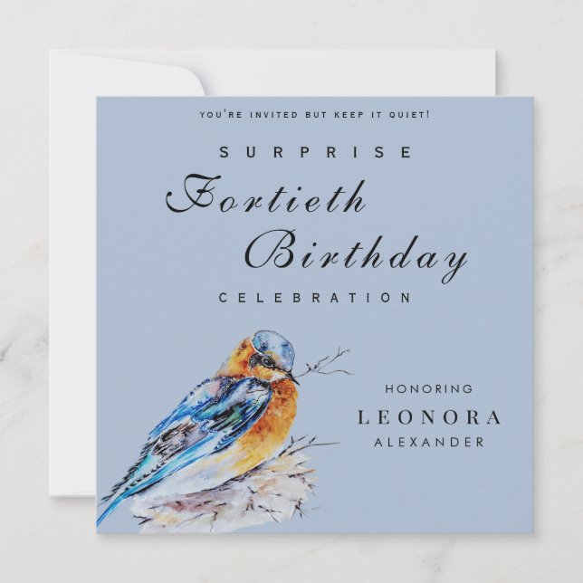 Elegant Watercolor Bluebird Surprise Birthday Invitation (Front)