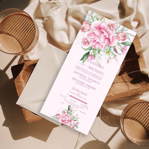 Elegant Watercolor Blush Dusty Rose Floral Wedding All In One Invitation