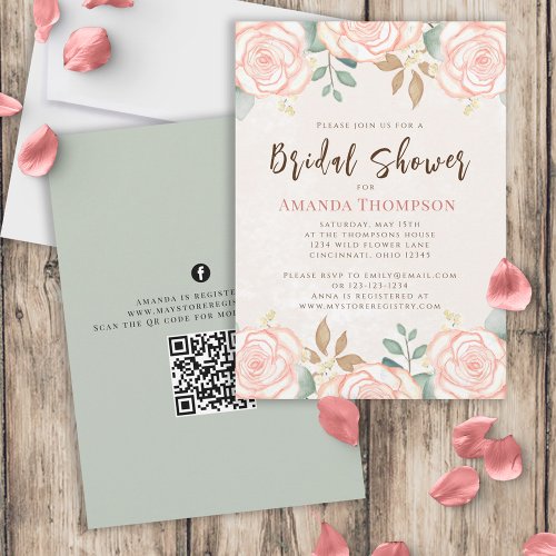 Elegant Watercolor Blush Floral Foliage QR Code Invitation