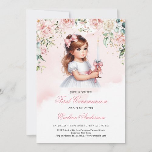 Elegant watercolor blush floral wreath cute girl invitation