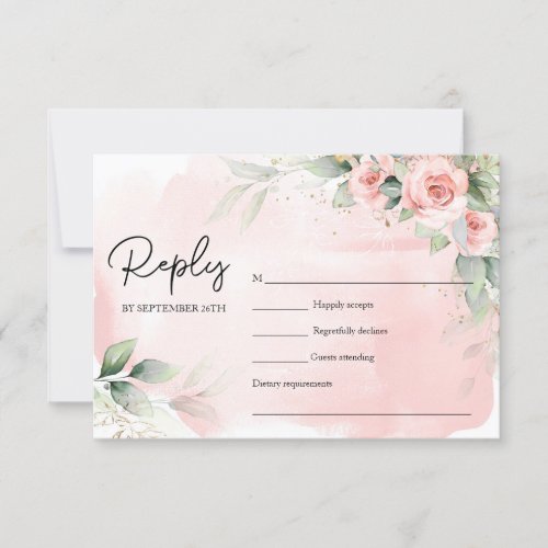 Elegant watercolor blush flowers eucalyptus gold RSVP card