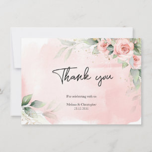 Elegant watercolor blush flowers eucalyptus gold thank you card