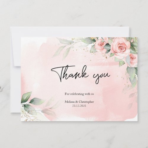 Elegant watercolor blush flowers eucalyptus gold thank you card