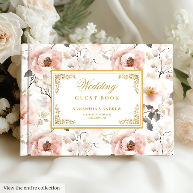 Elegant watercolor blush flowers gold wedding  guest book (Elegant watercolor blush flowers gold wedding Guest Book)