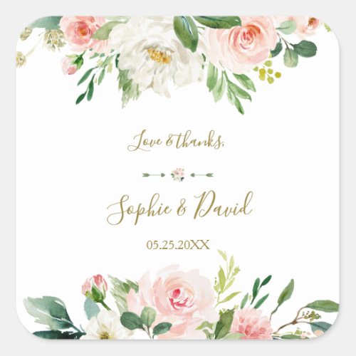 Elegant Watercolor Blush Flowers Gold Wedding Square Sticker