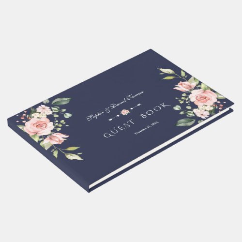 Elegant Watercolor Blush Flowers Navy Wedding Guest Book