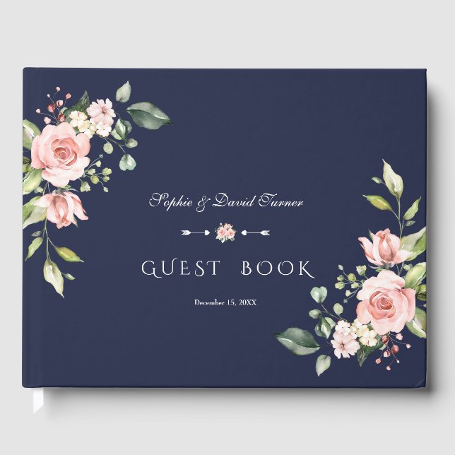Elegant Watercolor Blush Flowers Navy Wedding Guest Book (Front)