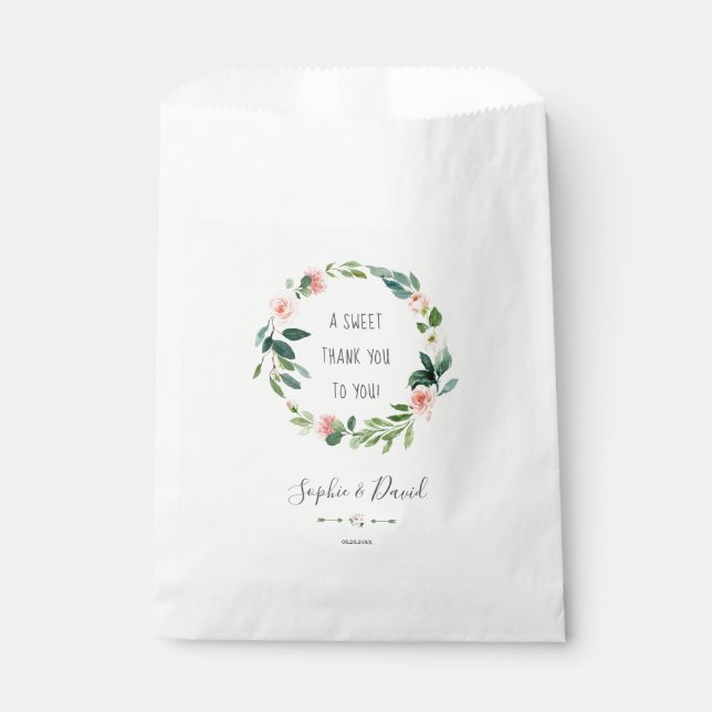 Elegant Watercolor Blush Flowers Wreath Wedding Favor Bag (Front)