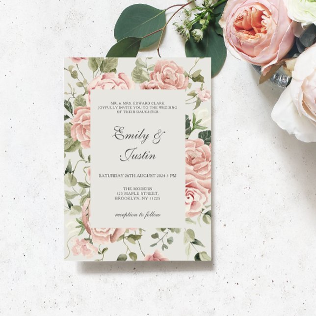 Elegant Watercolor Blush Garden Pink Roses Wedding Invitation (Creator Uploaded)