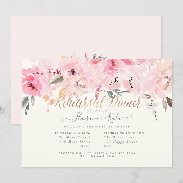Elegant Watercolor Blush Peonies Rehearsal Dinner Invitation (Front/Back)