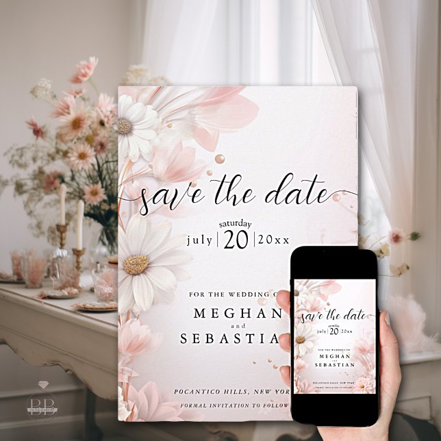 Elegant Watercolor Blush Pink Daisies  Save The Date (Creator Uploaded)