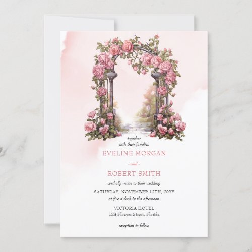 Elegant watercolor blush pink floral arch wedding invitation