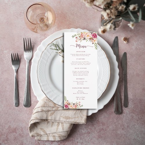 Elegant Watercolor Blush Pink Floral Wedding Menu