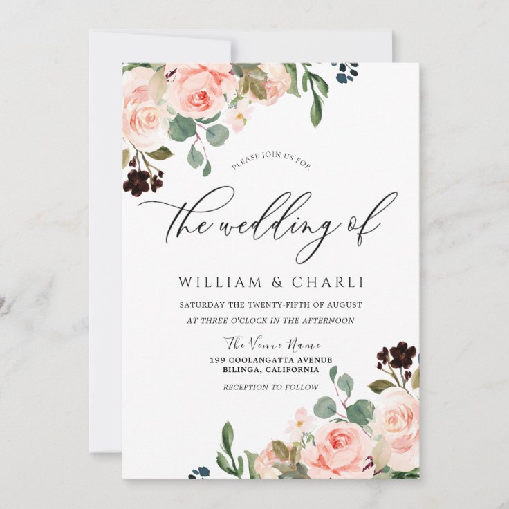 Elegant Watercolor Blush Pink Flowers Wedding Invitation | Zazzle