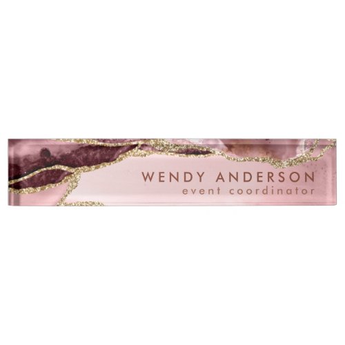 Elegant Watercolor Blush Pink Gold Glitter Agate Desk Name Plate