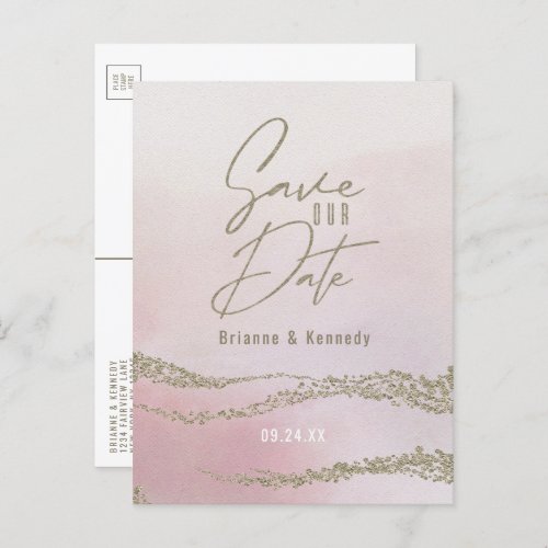 Elegant Watercolor Blush Pink  Gold Save the Date Announcement Postcard