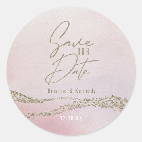 Elegant Watercolor Blush Pink  Gold Save the Date Classic Round Sticker