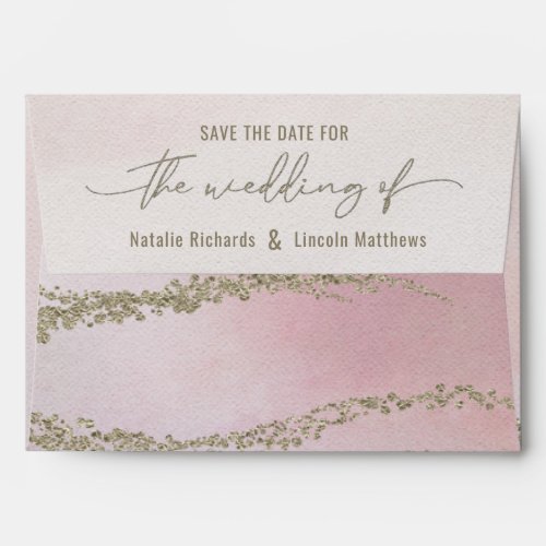 Elegant Watercolor Blush Pink  Gold Save the Date Envelope