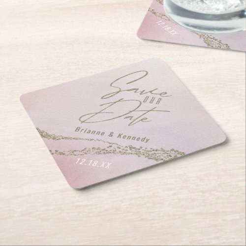 Elegant Watercolor Blush Pink  Gold Save the Date Paper Coaster