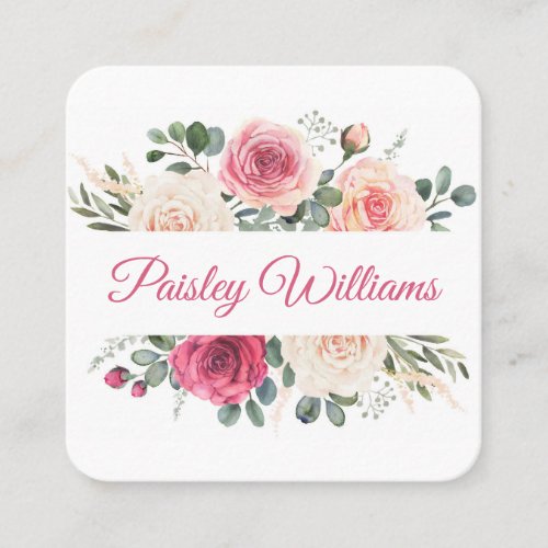 Elegant Watercolor Blush Rose Floral Script Square Business Card