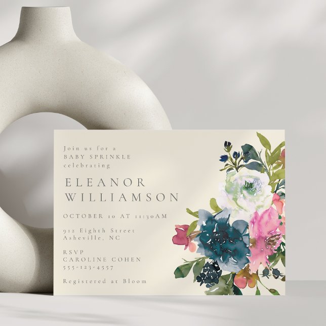 Elegant Watercolor Boho Blue Floral Baby Sprinkle Invitation (Creator Uploaded)