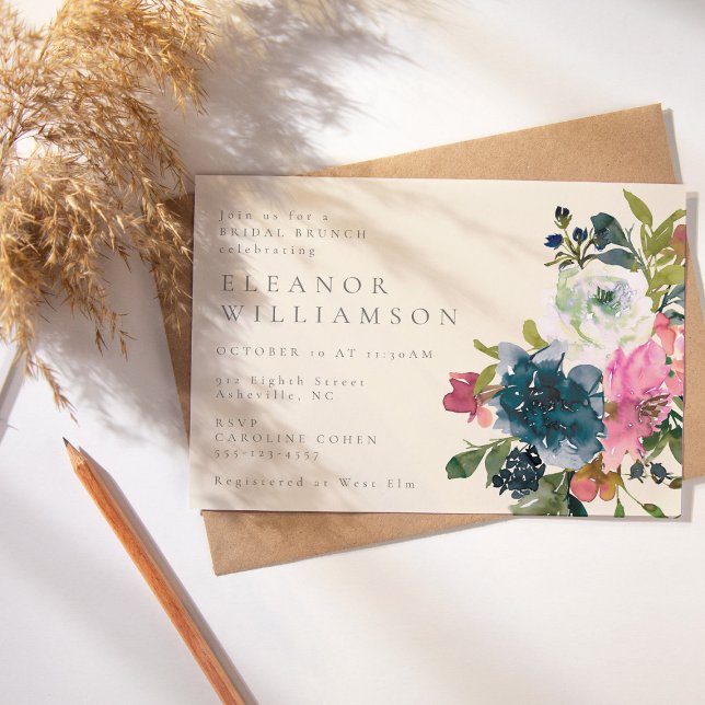 Elegant Watercolor Boho Blue Floral Bridal Brunch Invitation (Creator Uploaded)