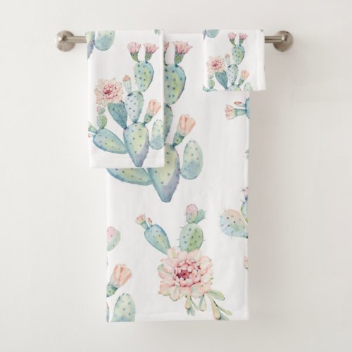 Elegant Watercolor Boho Cactus Blossom Pattern Bath Towel Set