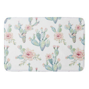 Elegant Watercolor Boho Cactus Pattern Bath Mat