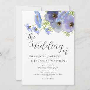 Elegant Watercolor Boho Floral Blue Wedding Invitation