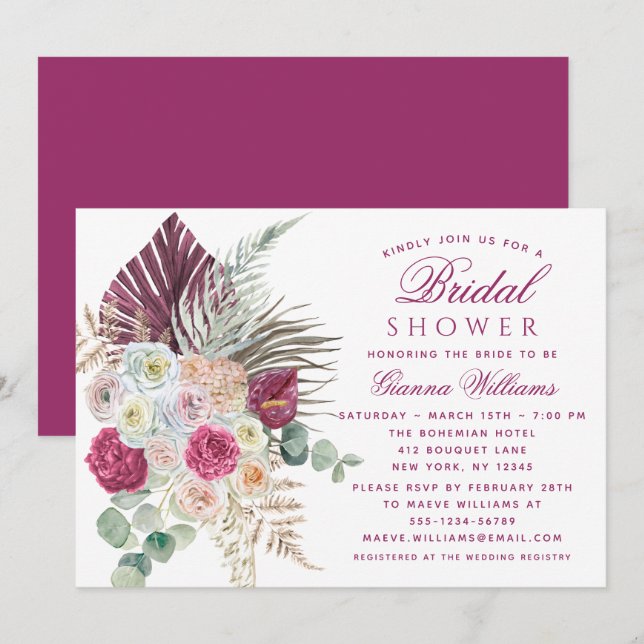 Elegant Watercolor Boho Floral Bridal Shower Invitation (Front/Back)
