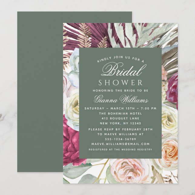 Elegant Watercolor Boho Floral Bridal Shower Invitation (Front/Back)