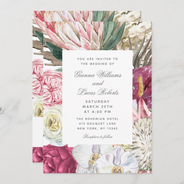 Elegant Watercolor Boho Floral Country Wedding Invitation (Front/Back)