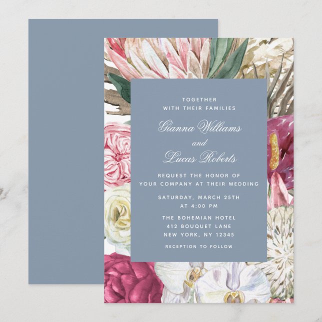 Elegant Watercolor Boho Floral Country Wedding Invitation (Front/Back)