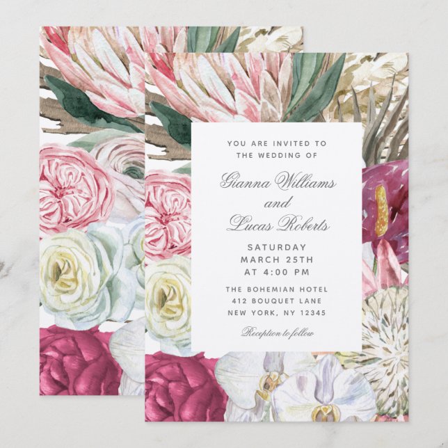 Elegant Watercolor Boho Floral Country Wedding Invitation (Front/Back)