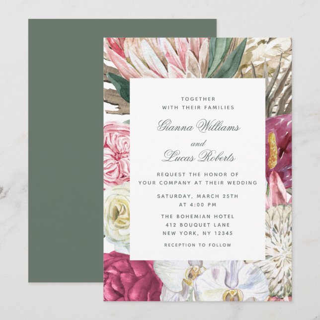Elegant Watercolor Boho Floral Country Wedding Invitation (Front/Back)