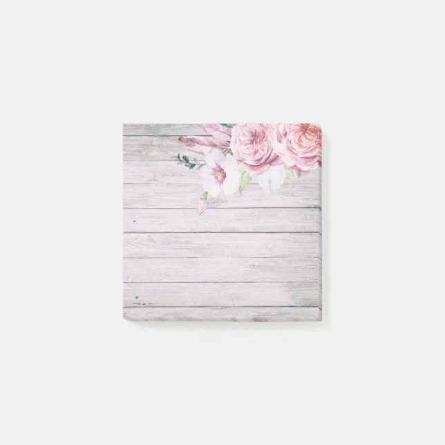 Elegant Watercolor Boho Floral Feather Rustic Wood Post-it Notes | Zazzle