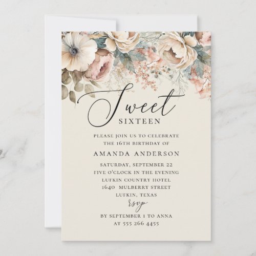 Elegant watercolor boho floral Sweet 16 birthday Invitation