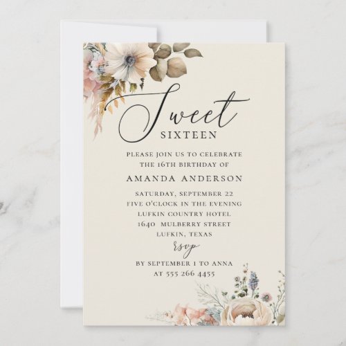 Elegant watercolor boho floral sweet 16 birthday invitation